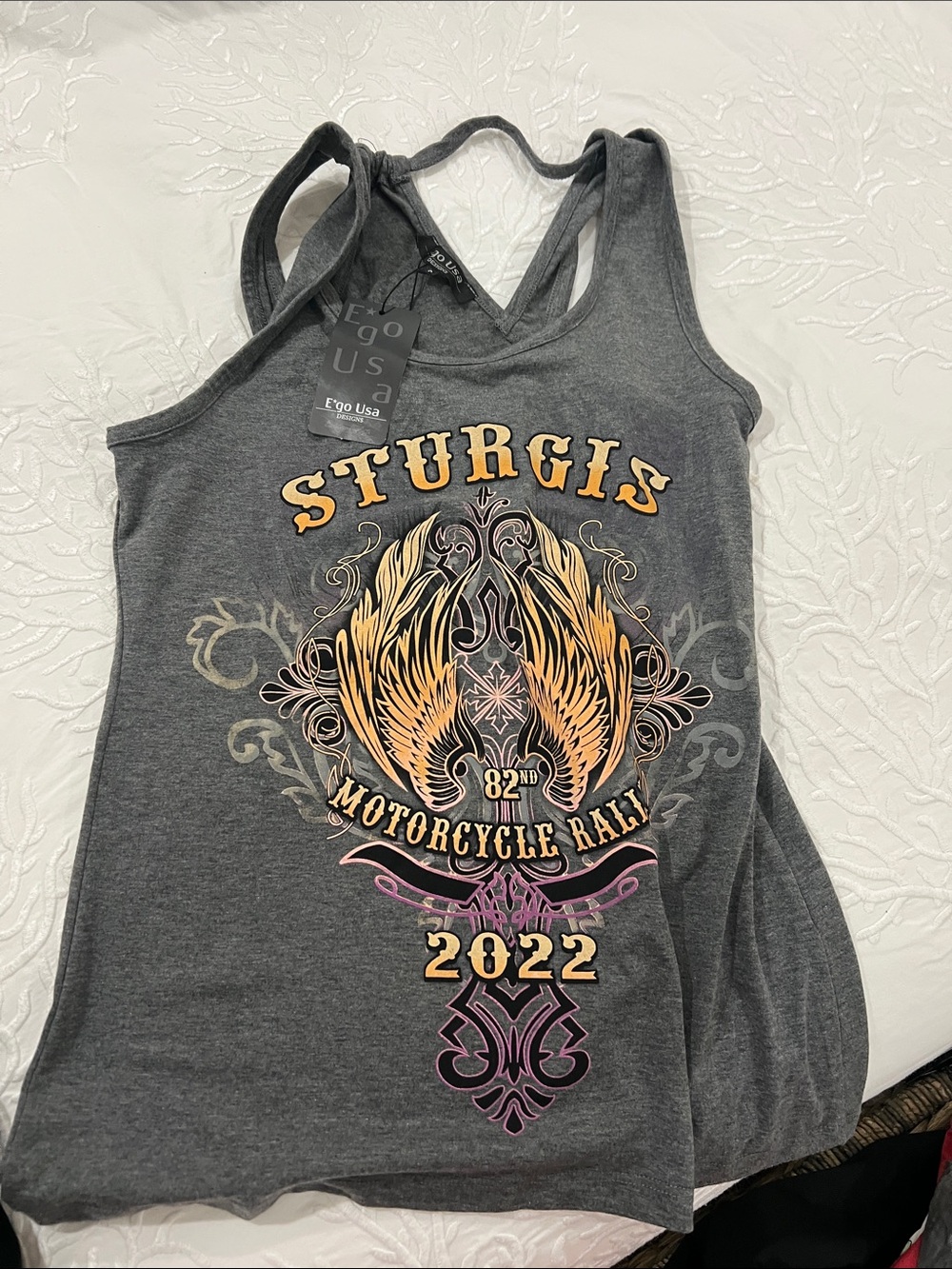 EGO Women's Gray Sturgis Motorcycle Rally Tank with Gold & Pink Graphics
